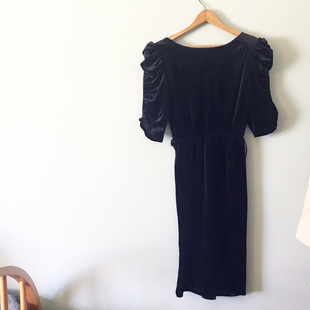 [Vintage] Black Velvet Puff Sleeve Midi Dress Belt
